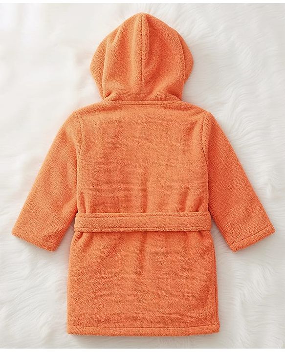 Babyhug Velour Knit Full Sleeves Bath Robe With Lobster Embroidery - Orange