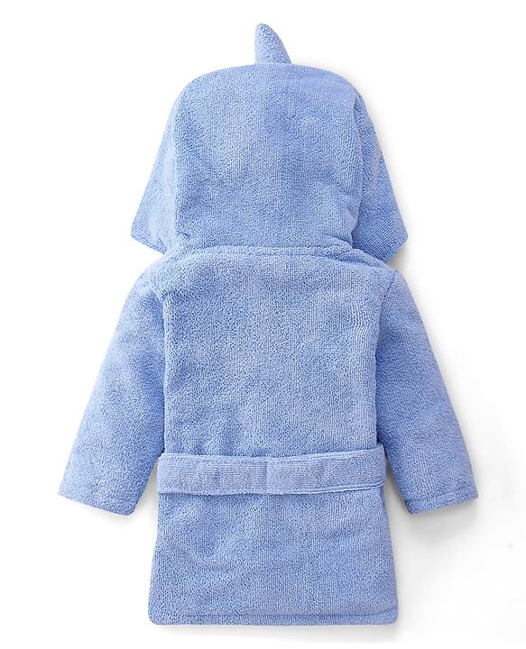 Babyhug Velour Knit Full Sleeves Bath Robe With Shark Embroidery - Blue