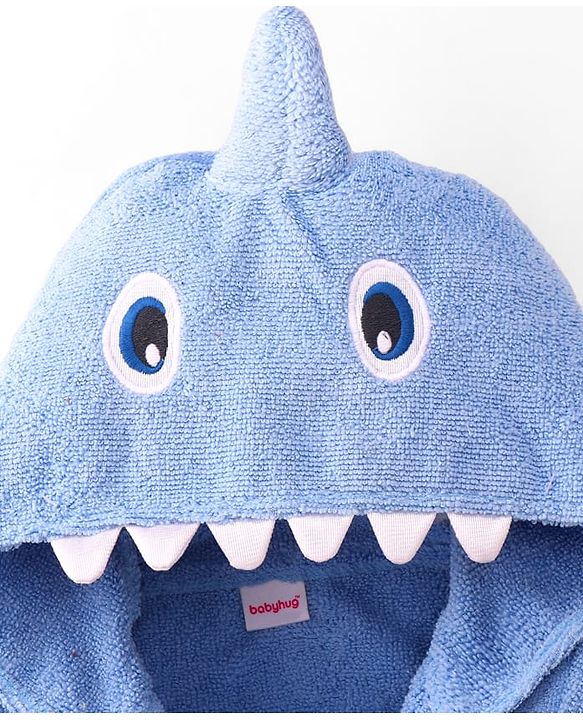 Babyhug Velour Knit Full Sleeves Bath Robe With Shark Embroidery - Blue