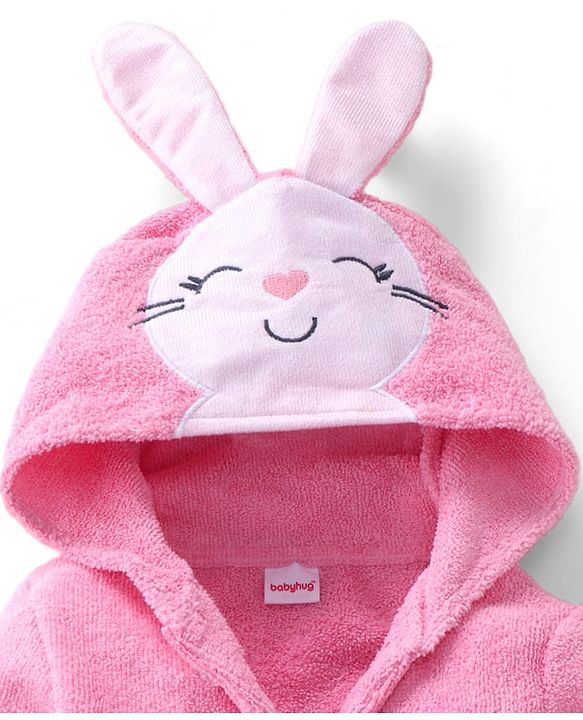 Babyhug Microfiber Terry Knit Full Sleeves Hooded Bath Robe With Bunny Ears Applique Embroidery - Pink