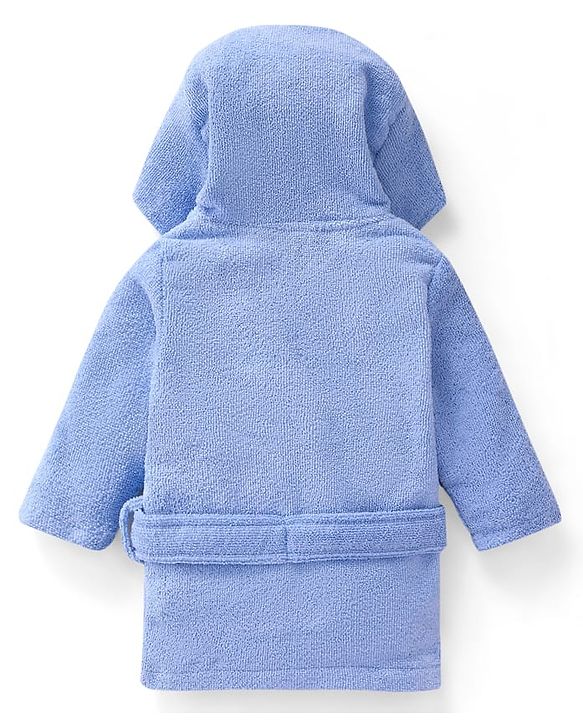 Babyhug Velour Knit Full Sleeves Microfiber Hooded Bath Robe With Prince Embroidery - Blue