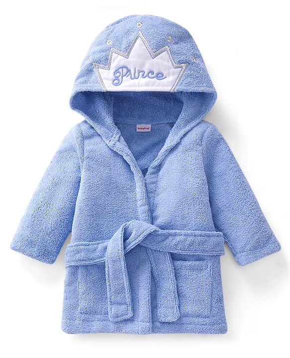 Babyhug Velour Knit Full Sleeves Microfiber Hooded Bath Robe With Prince Embroidery - Blue