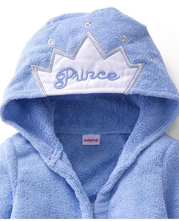 Babyhug Velour Knit Full Sleeves Microfiber Hooded Bath Robe With Prince Embroidery - Blue