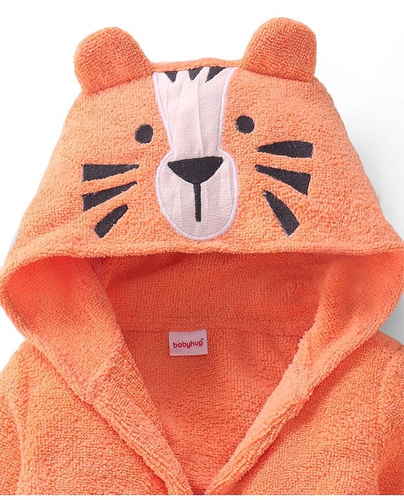 Babyhug Microfiber Terry Knit Full Sleeves Hooded Bath Robe With Tiger Ears Applique Embroidery -Orange