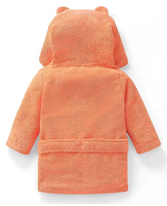 Babyhug Microfiber Terry Knit Full Sleeves Hooded Bath Robe With Tiger Ears Applique Embroidery -Orange