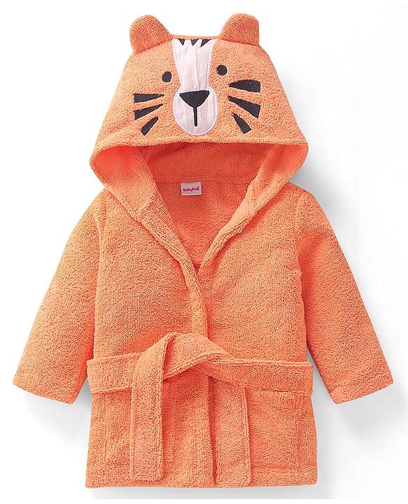 Babyhug Microfiber Terry Knit Full Sleeves Hooded Bath Robe With Tiger Ears Applique Embroidery -Orange