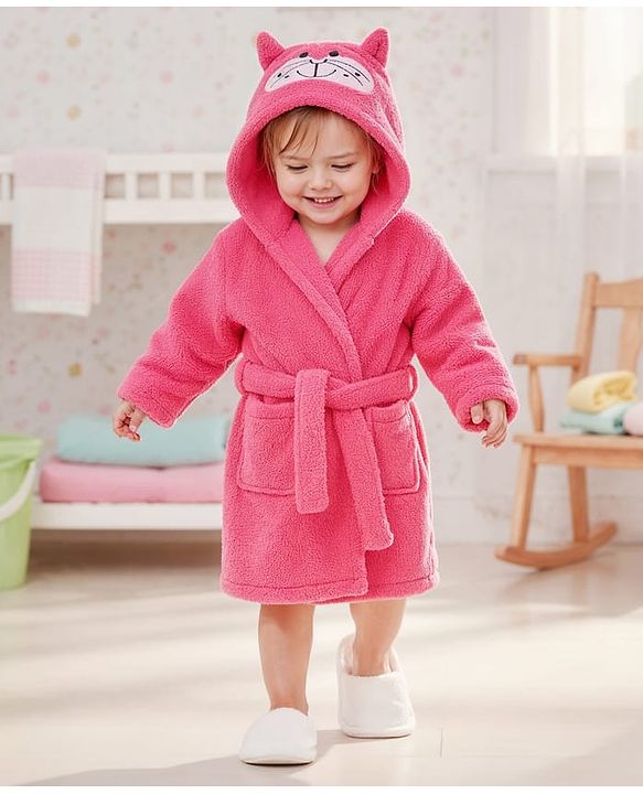 Babyhug Terry Knit Full Sleeves Hooded Bath Robe With Cat Embroidery - Dark Pink