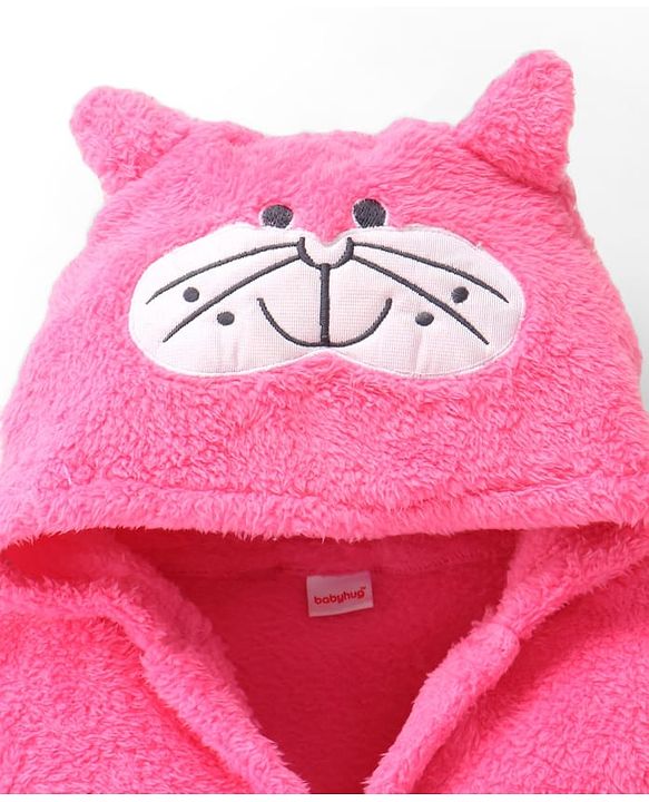 Babyhug Terry Knit Full Sleeves Hooded Bath Robe With Cat Embroidery - Dark Pink