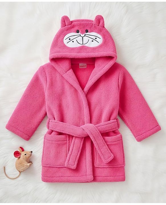 Babyhug Terry Knit Full Sleeves Hooded Bath Robe With Cat Embroidery - Dark Pink