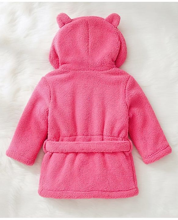 Babyhug Terry Knit Full Sleeves Hooded Bath Robe With Cat Embroidery - Dark Pink