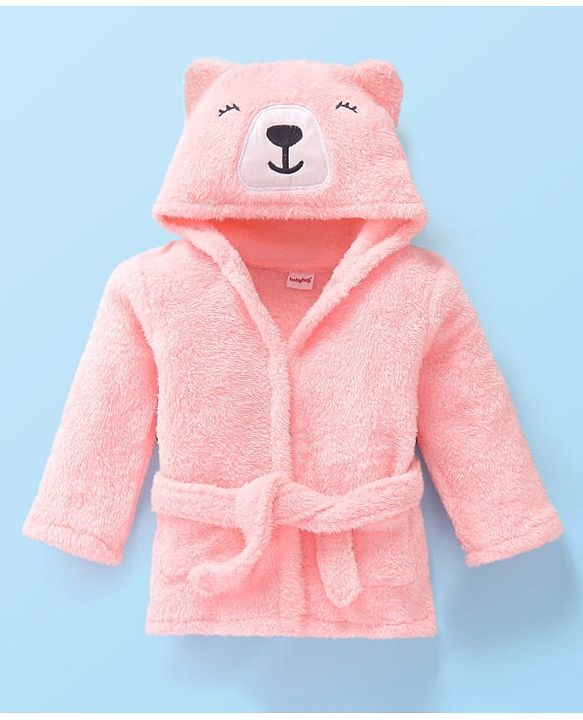Babyhug Velour Knit Full Sleeves Hooded Bath Robe With Bear Embroidery - Pink