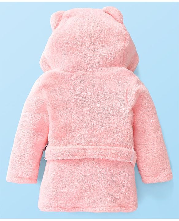 Babyhug Velour Knit Full Sleeves Hooded Bath Robe With Bear Embroidery - Pink