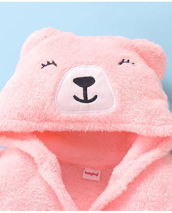Babyhug Velour Knit Full Sleeves Hooded Bath Robe With Bear Embroidery - Pink