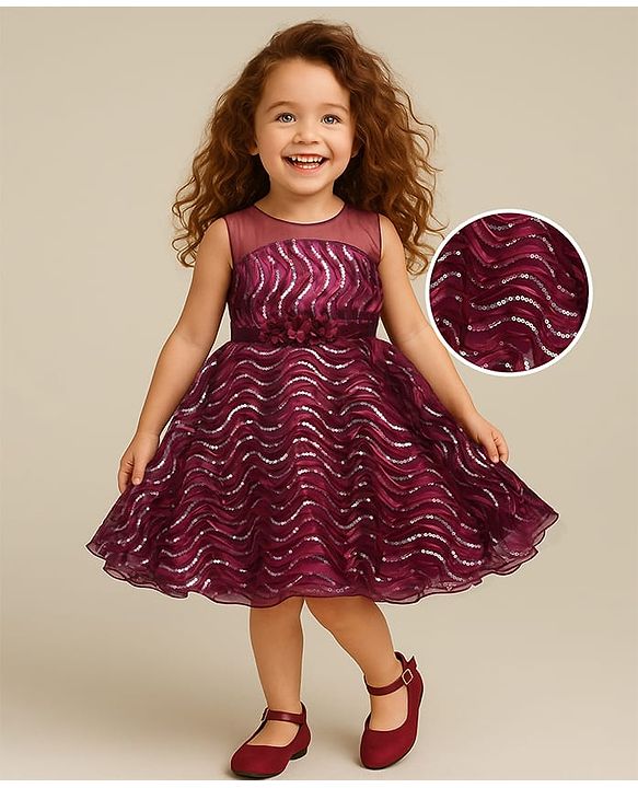 Babyhug Woven Sleeveless Party Dress With Sequin Detailing & Floral Corsage - Wine