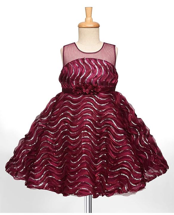 Babyhug Woven Sleeveless Party Dress With Sequin Detailing & Floral Corsage - Wine