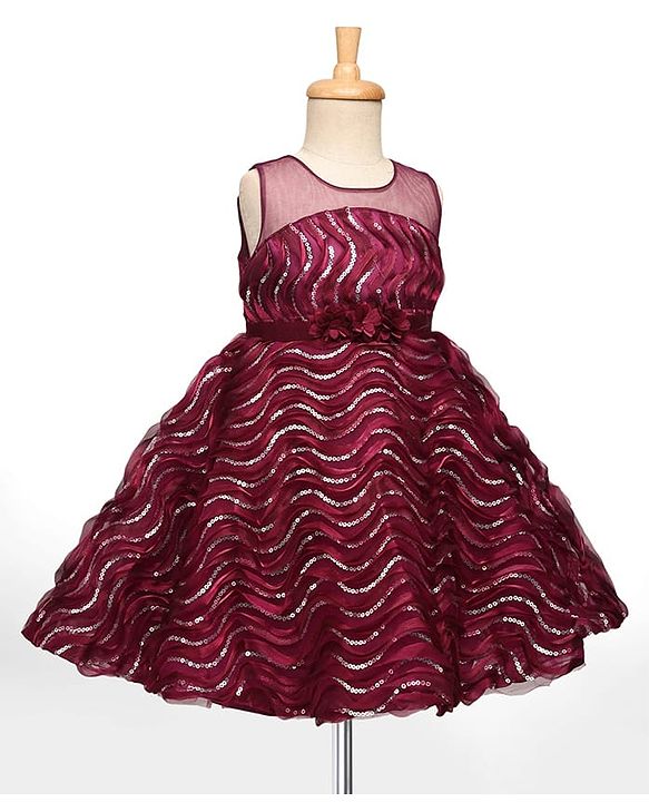 Babyhug Woven Sleeveless Party Dress With Sequin Detailing & Floral Corsage - Wine