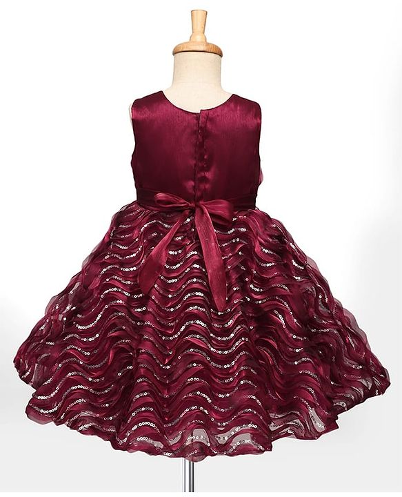 Babyhug Woven Sleeveless Party Dress With Sequin Detailing & Floral Corsage - Wine