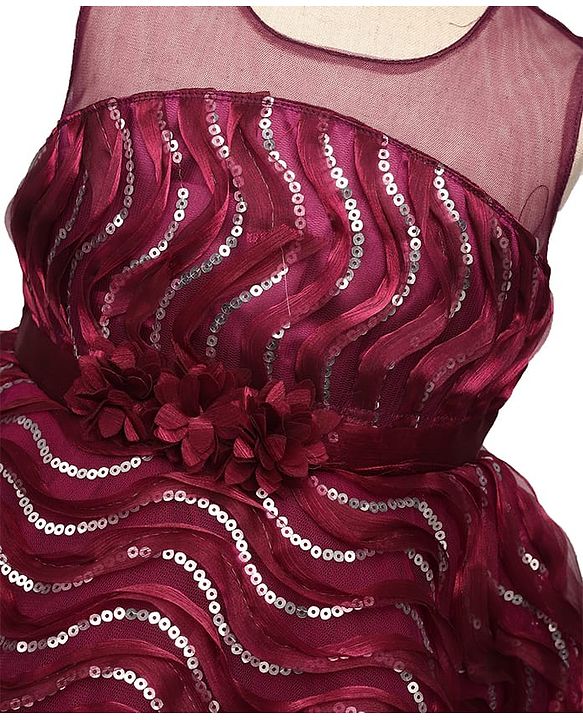 Babyhug Woven Sleeveless Party Dress With Sequin Detailing & Floral Corsage - Wine