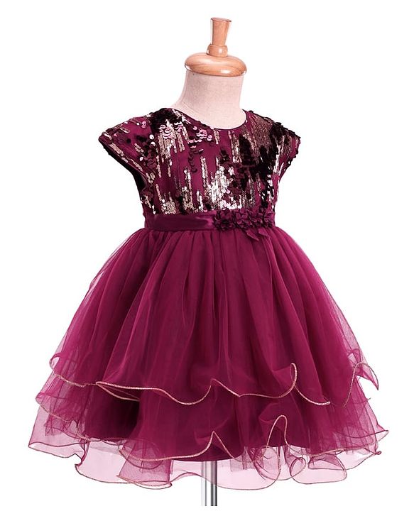Babyhug Woven Cap Sleeveless Fit & Flare Party Frock with Sequin Detailing - Wine
