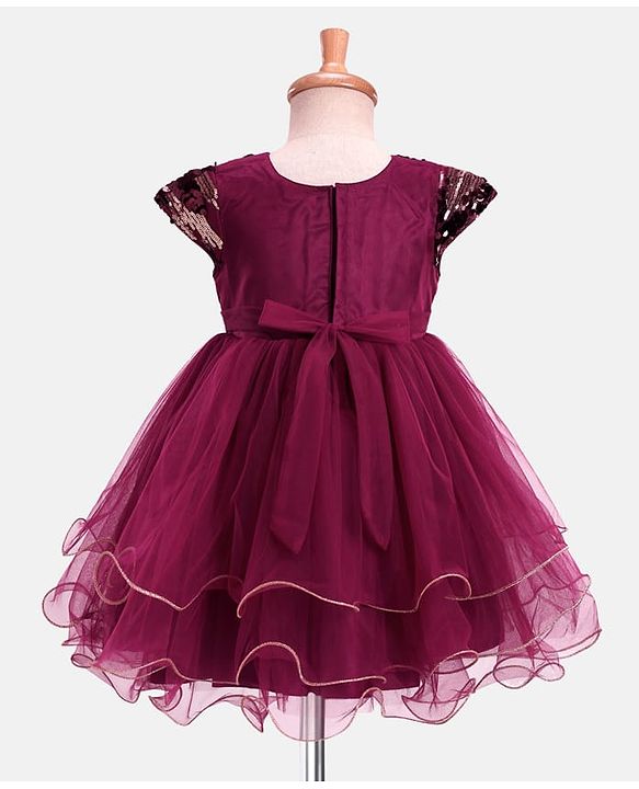 Babyhug Woven Cap Sleeveless Fit & Flare Party Frock with Sequin Detailing - Wine