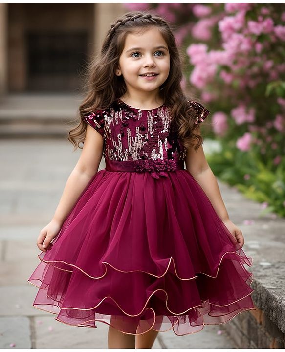 Babyhug Woven Cap Sleeveless Fit & Flare Party Frock with Sequin Detailing - Wine