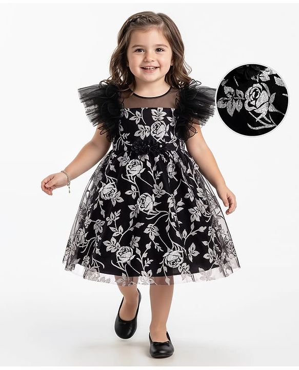 Babyhug Woven Frill Sleeves Party Dress With Floral Glitter Print - Black