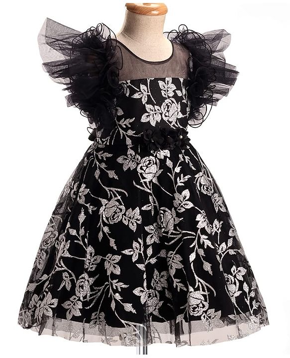 Babyhug Woven Frill Sleeves Party Dress With Floral Glitter Print - Black