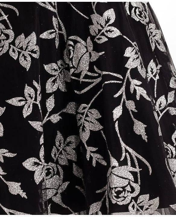 Babyhug Woven Frill Sleeves Party Dress With Floral Glitter Print - Black