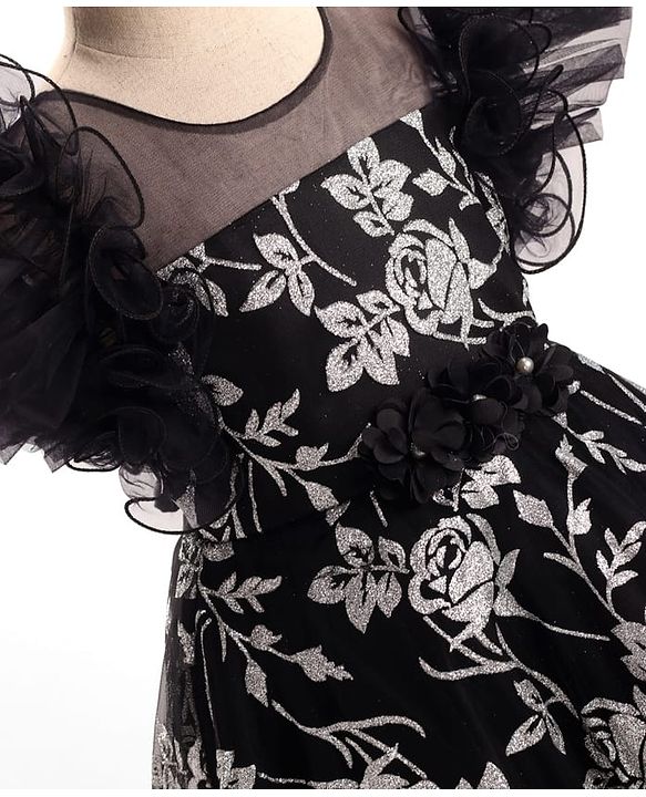 Babyhug Woven Frill Sleeves Party Dress With Floral Glitter Print - Black