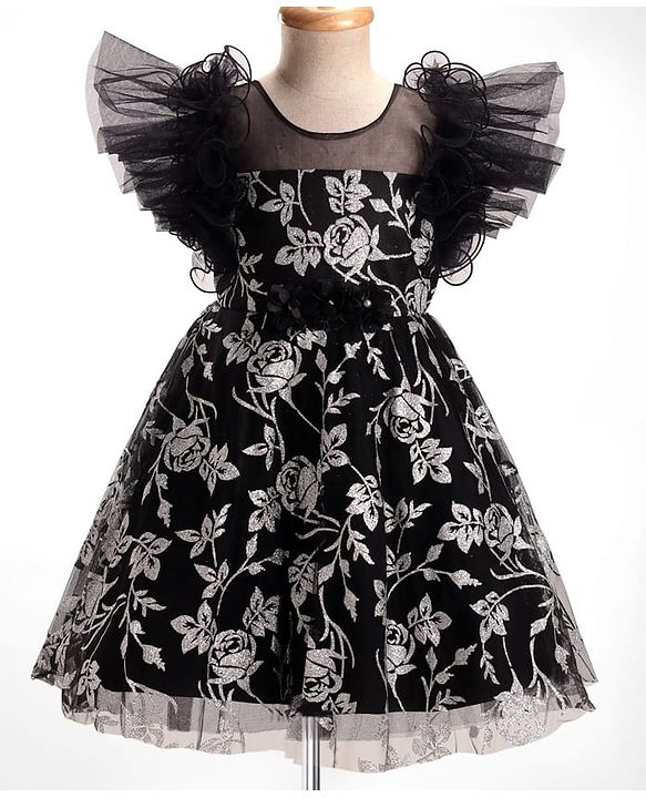 Babyhug Woven Frill Sleeves Party Dress With Floral Glitter Print - Black