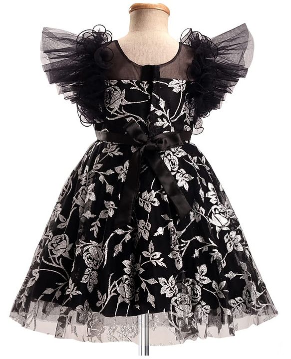 Babyhug Woven Frill Sleeves Party Dress With Floral Glitter Print - Black