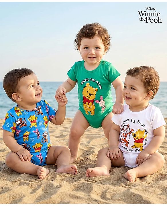 Babyhug 100% Cotton Knit Half Sleeves Striped & Animal Printed Onesies Pack of 3 - Navy Blue Yellow & White main image 1