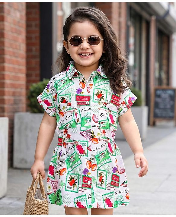 Babyhug Rayon Woven Half Sleeves Collar Shirt Dress with Vacation Theme Print - White & Green