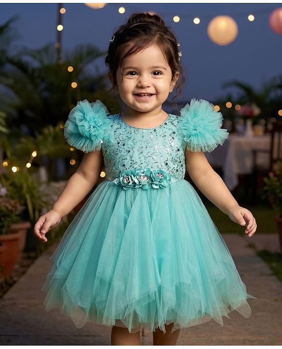 Babyhug Woven Sleeveless Mesh Party Dress With Sequinned Yoke & Ruffles on Sleeves - Sea Green