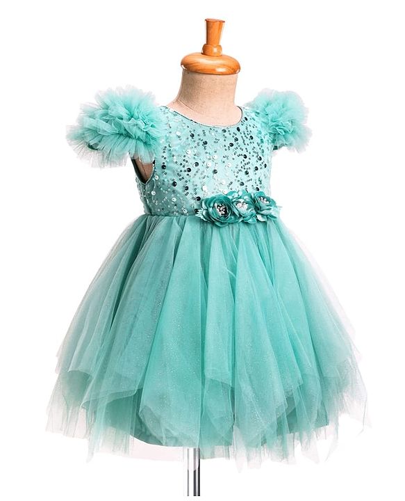 Babyhug Woven Sleeveless Mesh Party Dress With Sequinned Yoke & Ruffles on Sleeves - Sea Green