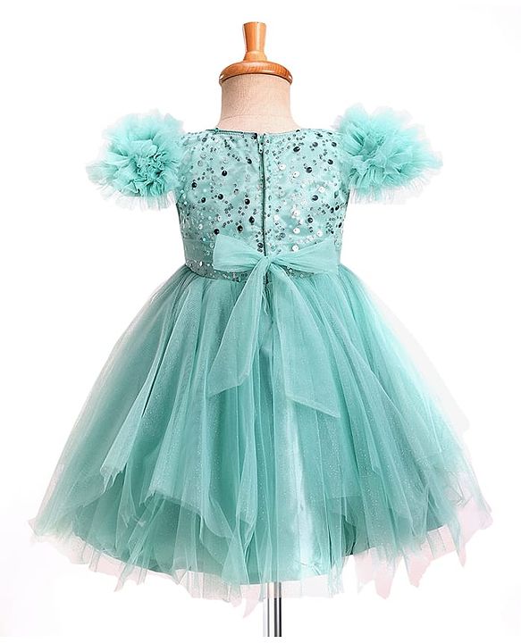 Babyhug Woven Sleeveless Mesh Party Dress With Sequinned Yoke & Ruffles on Sleeves - Sea Green