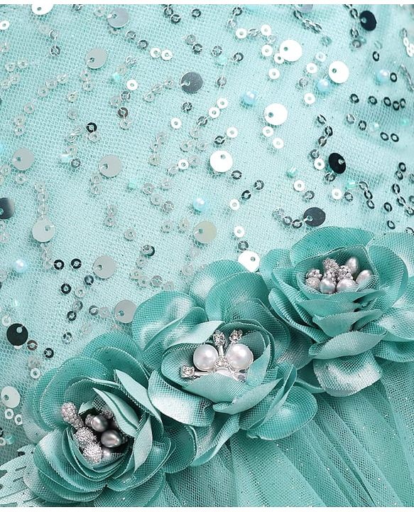 Babyhug Woven Sleeveless Mesh Party Dress With Sequinned Yoke & Ruffles on Sleeves - Sea Green