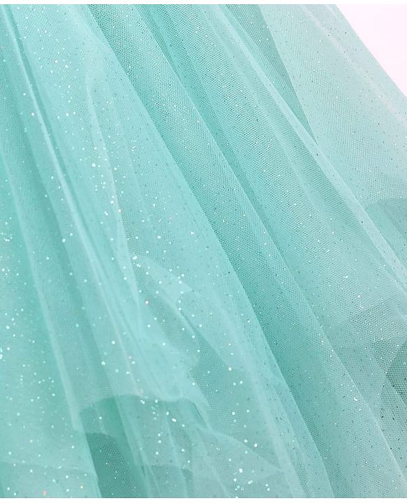 Babyhug Woven Sleeveless Mesh Party Dress With Sequinned Yoke & Ruffles on Sleeves - Sea Green
