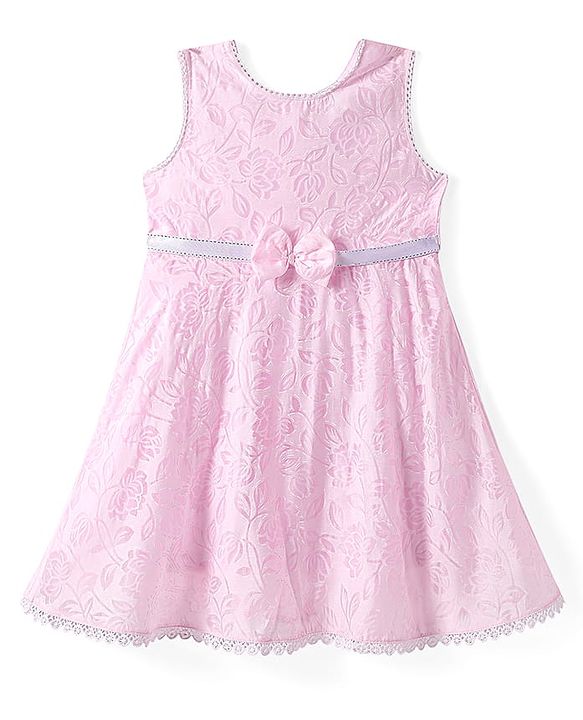 Babyhug Woven Sleeveless Frock with Floral Print & Lace Detailing & Bow Applique - Pink