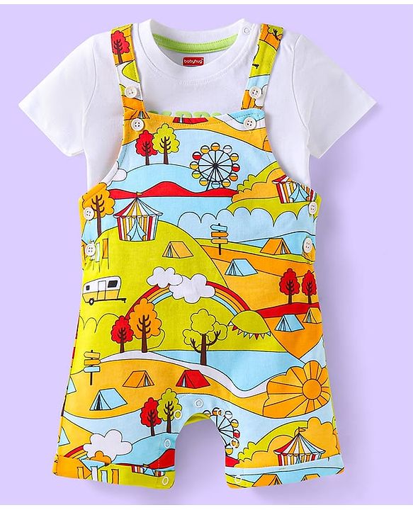 Babyhug Single Jersey Knit Half Sleeves T-Shirt & Dungaree with Funfair Theme Print - Multicolor