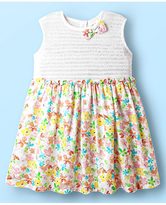 Babyhug Rayon Woven Sleeveless Smocked Frock with Floral Print & Bow Applique - White