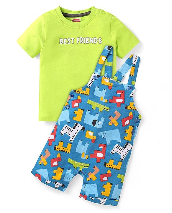 Babyhug Single Jersey Knit Half Sleeves T-Shirt & Dungaree with Text & Animal Print - Neon Green & Blue