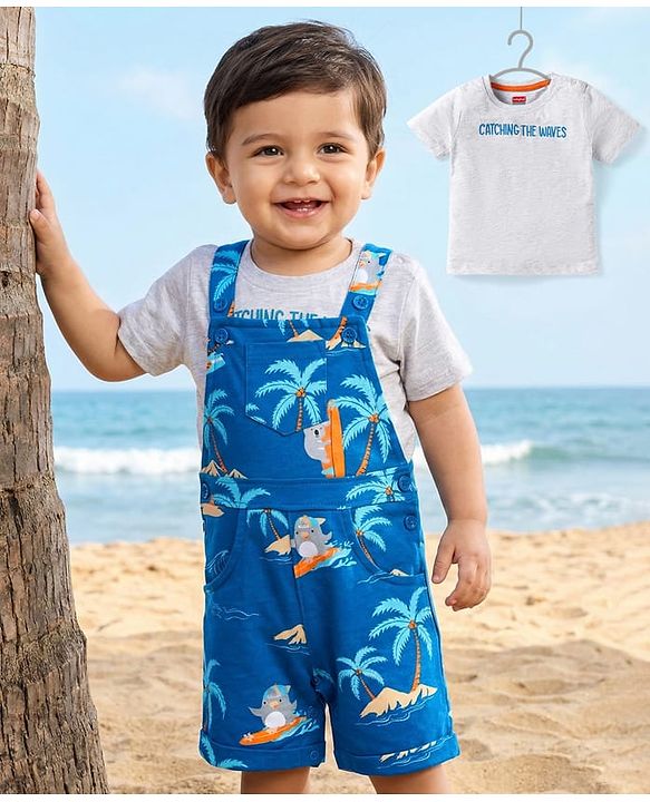 Babyhug Single Jersey Knit Half Sleeves T-Shirt & Dungaree with Beach Theme Print - Blue