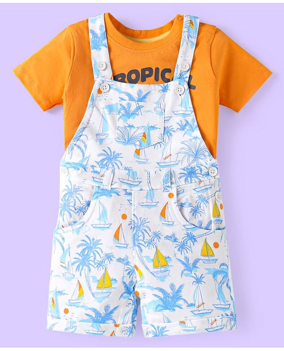 Babyhug Single Jersey Knit Half Sleeves T-Shirt & Dungaree with Beach Theme Print - White & Orange