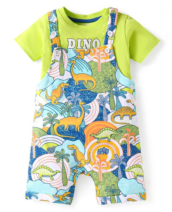 Babyhug Single Jersey Knit Dungaree & Half Sleeves T-Shirt With Dino Print - Green & Multicolor