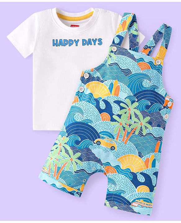 Babyhug Single Jersey Knit Dungaree & Half Sleeves T-Shirt With Beach Theme Print - Blue & White
