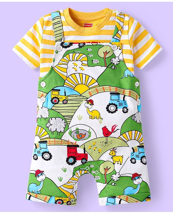 Babyhug Single Jersey Knit Dungaree & Half Sleeves Striped T-Shirt With Farm Print - Green & Yellow