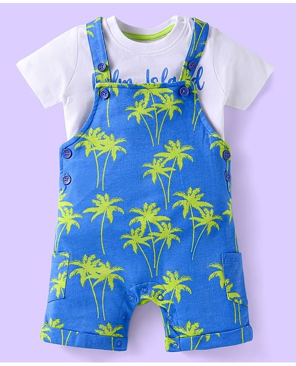 Babyhug Single Jersey Knit Half Sleeves T-Shirt & Dungaree with Beach Theme Print - White & Blue