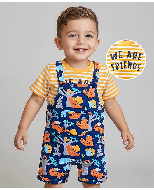 Babyhug Single Jersey Knit Half Sleeves Striped T-Shirt & Dungaree with Jungle Theme Print - Yellow & Navy Blue