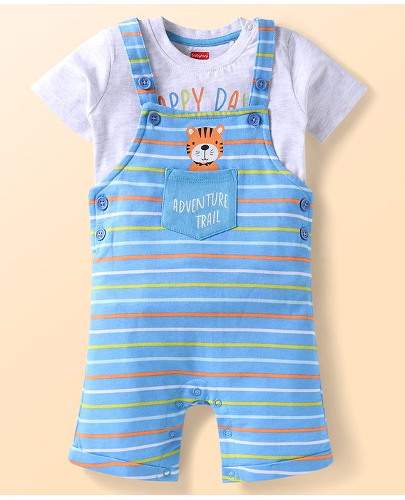Babyhug Single Jersey Knit Half Sleeves T-Shirt & Dungaree with Text Print & Stripes - White & Light Blue